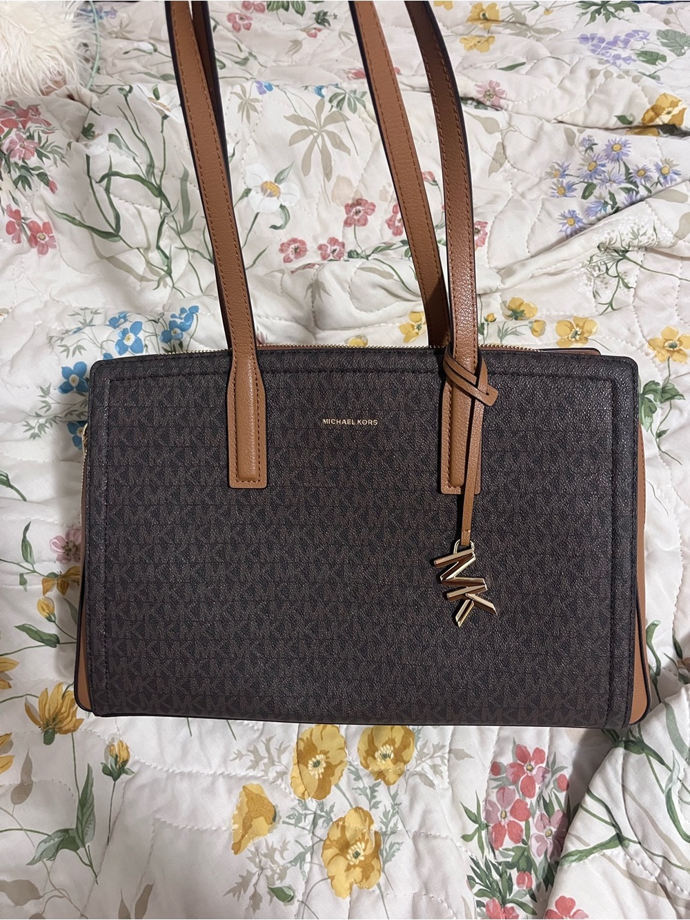 Michael Kors Laila Brown Logo Tote with Tan Leather Straps